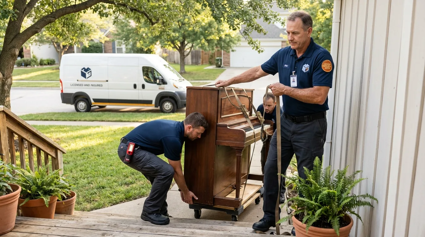 Licensed piano movers securing grand piano in Mount Vernon, IN