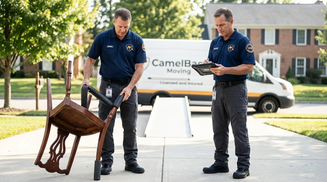 Movers inspecting furniture for damage prevention before loading in Mount Vernon, IN